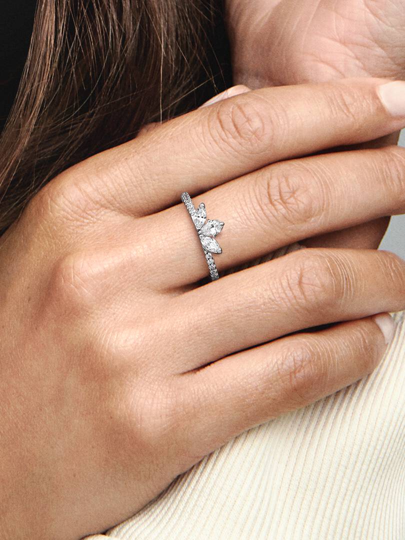 Official Pandora close-up photo of the Sparkling Herbarium Cluster Ring worn on the hand
